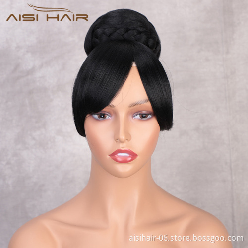 Aisi Hair New Design Natural Straight Black Color Hair Bun With Bangs Silky Straight Synthetic Hair Extension For Black Women